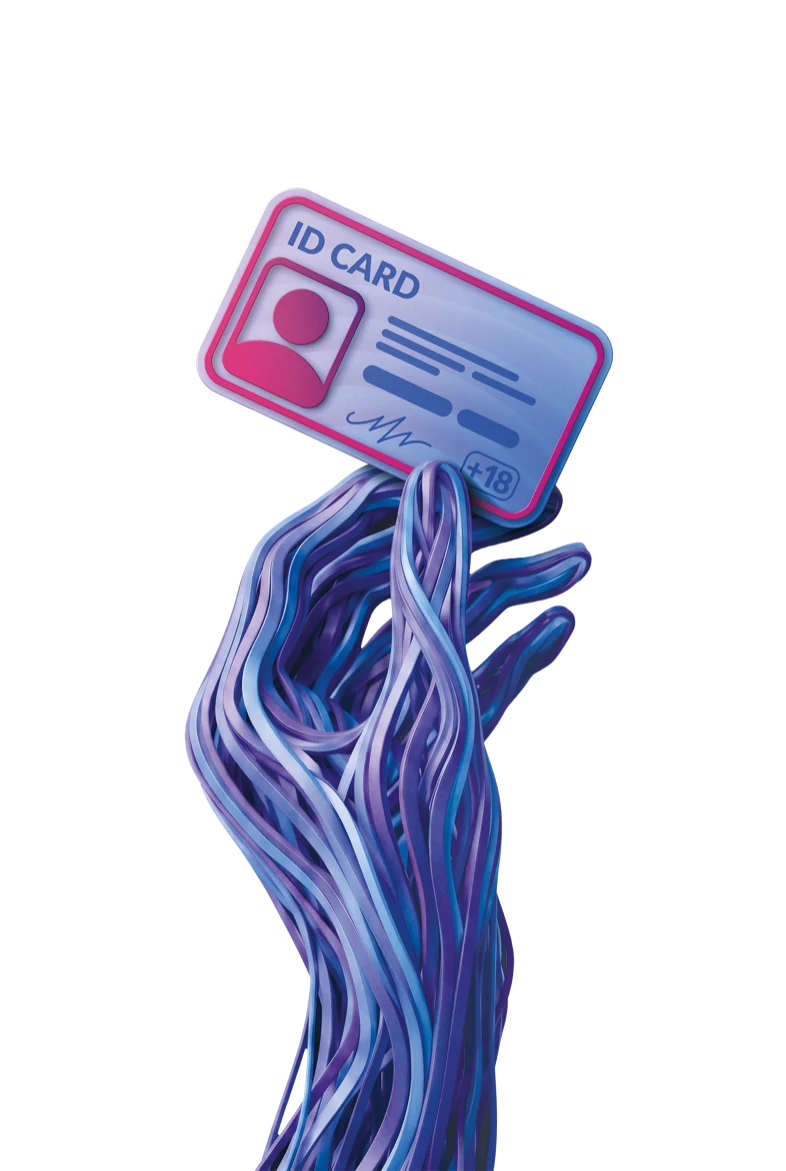 A hand holding up an ID card marked 18 plus